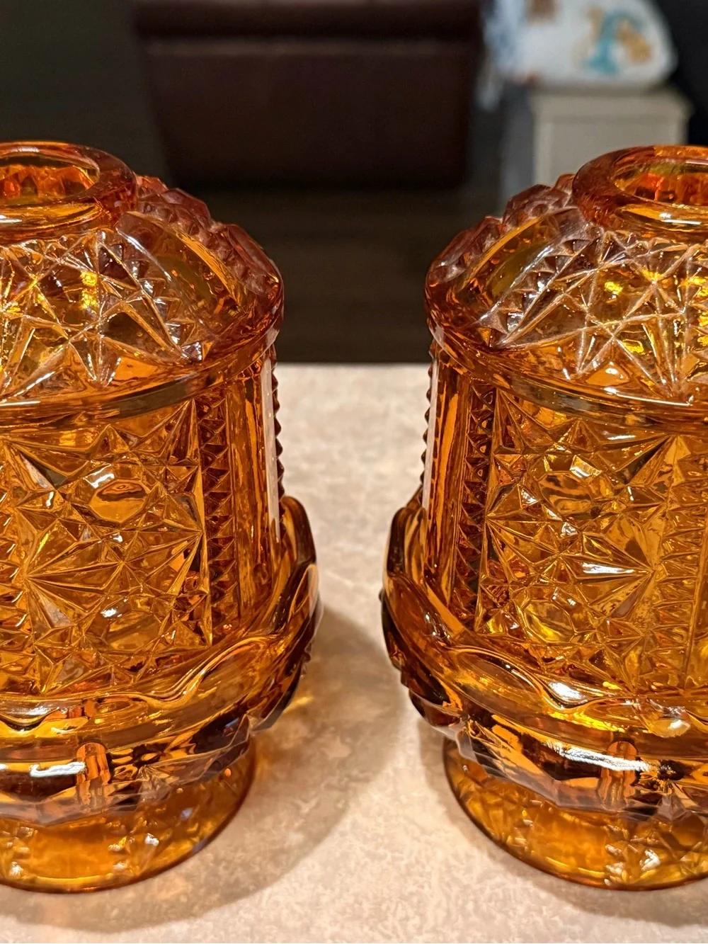 2 Vintage Indiana Glass Stars And Bars Fairy Lamp Candle Tea Light Holder Amber